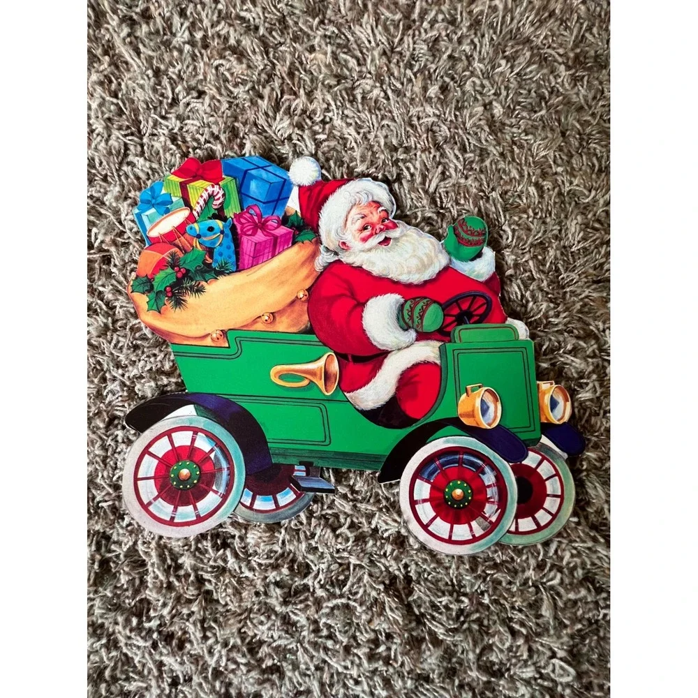 Vintage Santa Claus Driving Car Cardboard Cutout Double Sided Christmas Decor